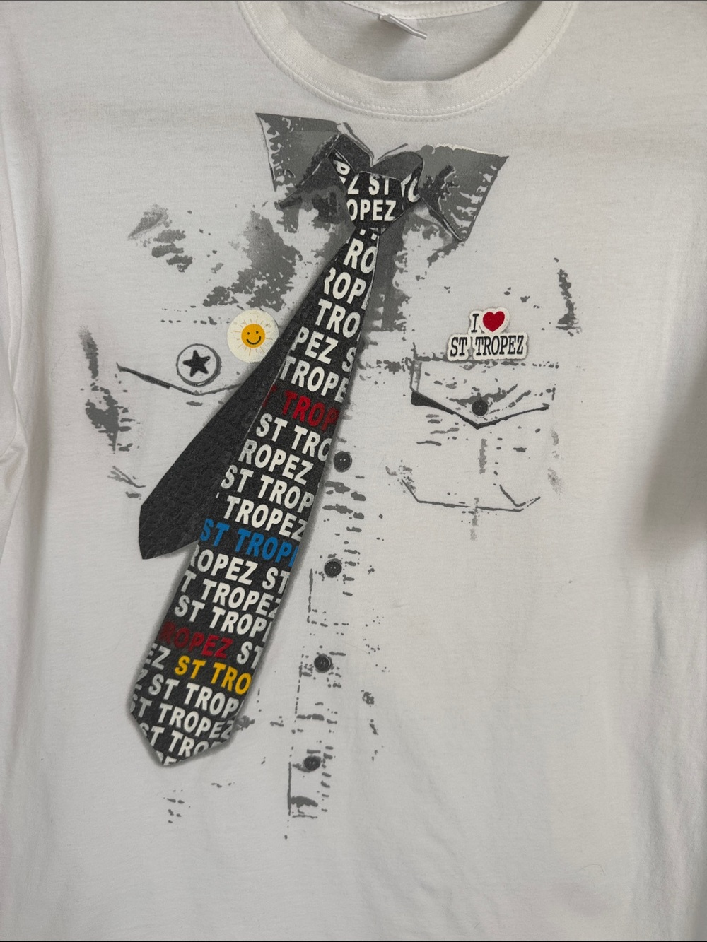 St. Tropez Graphic Trompe L’Oeil Tie T-Shirt White XL Novelty Tee Cotton - Picture 4 of 9